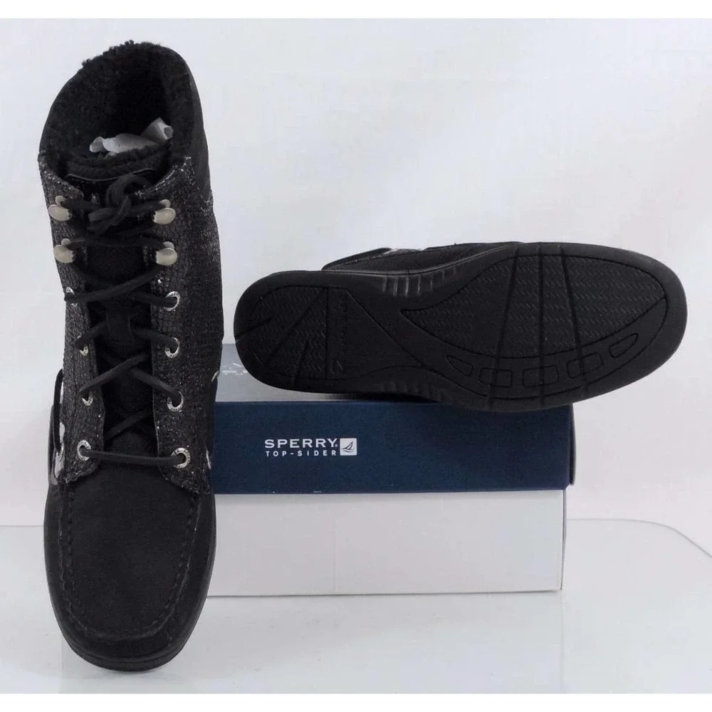 Sperry Top Sider Hiker Fish Boat Boots Lace Up Black Glitter Size 6 - Picture 8 of 8